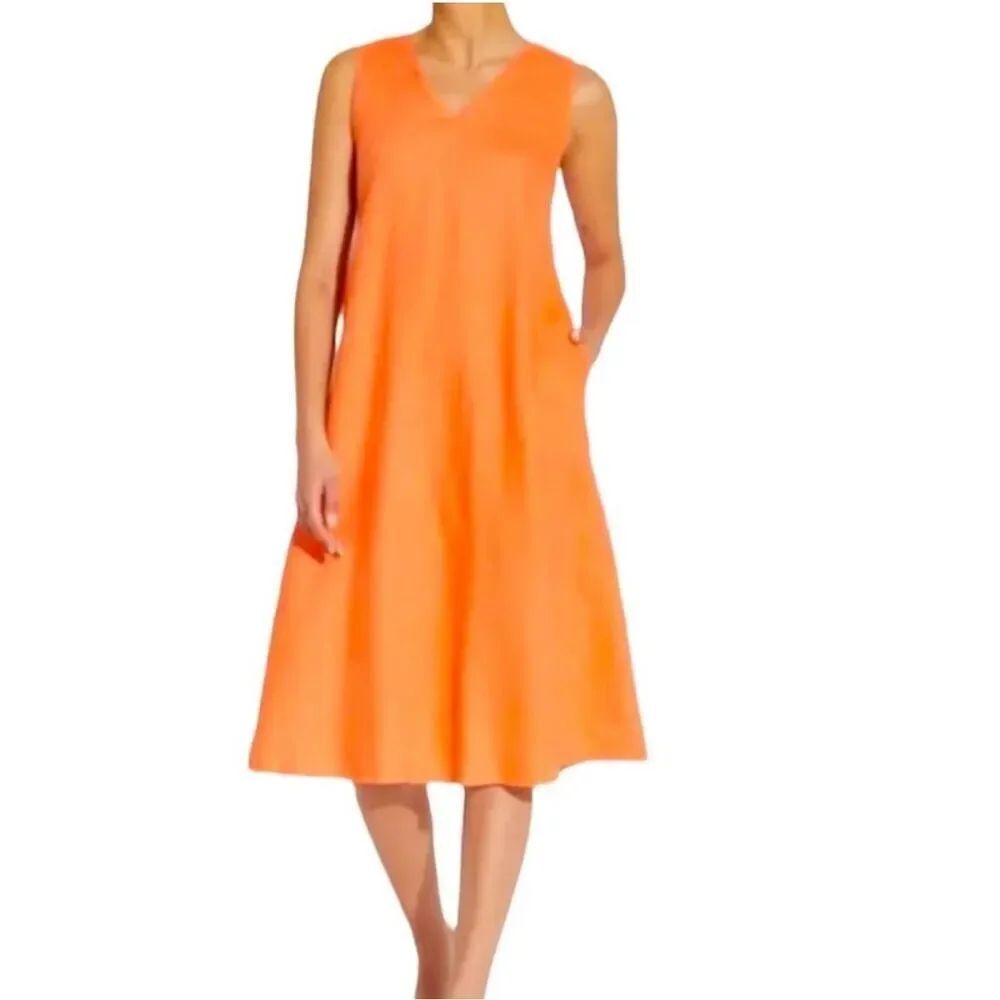 Philosophy Orange Linen Sleeveless Pleat Back Dress w/ Pockets sz M